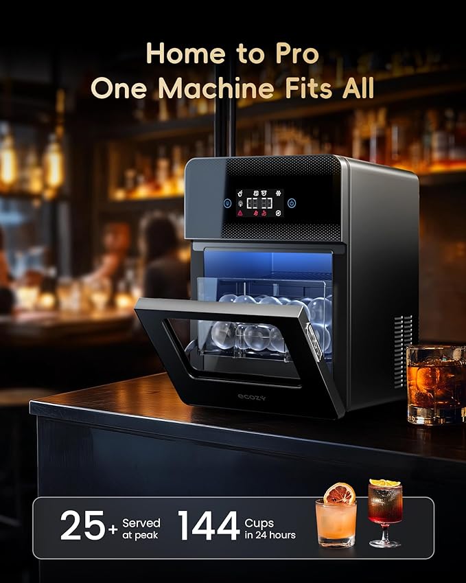 ecozy 2" Clear Ice Ball Maker with CrystalFlux Technology, 4 pcs in 40 Mins, 144 pcs/Day, Sphere Ice Maker with Enhanced Insulation, Automatic Water Supply, Self-Cleaning for Whiskey & Bourbon