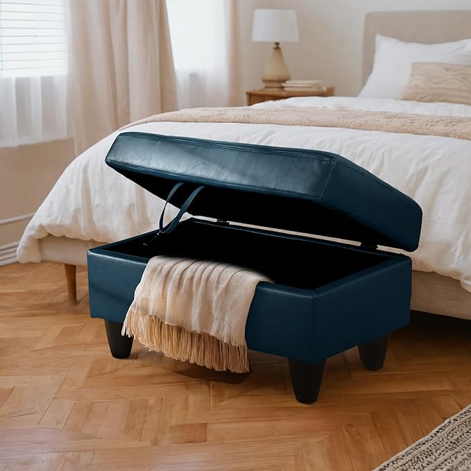 Ottoman Rectangular Storage Ottoman Bench, Faux Leather Footrest, Coffee Table, Stool Footstool with Hinged Lid for Living Room, Bedroom, Entryway, Dark Blue, 35"x23.5"x17.5"