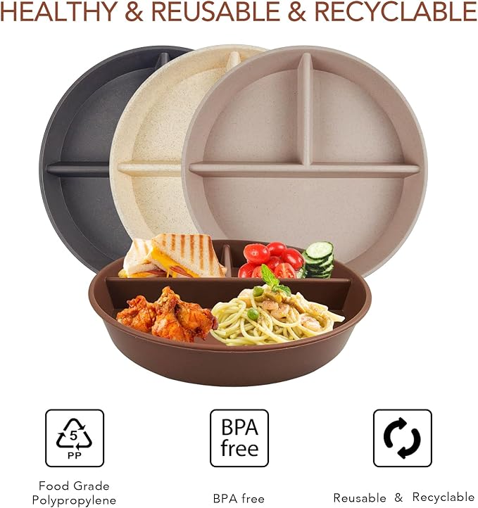 greenandlife 9 Inch 4PCS Portion Control Plates with Lids, Divided Plates for Kids Adults, Dishwasher Microwave Safe Compartment Plate, Unbreakable Lightweight Reusable Wheat Straw Plate, Earth Tone