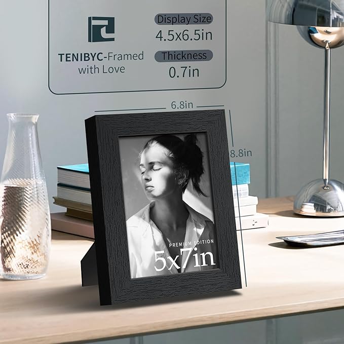 5x7 Picture Frame 3 Pack - Black Woodgrain, Solid Wood & HD Tempered Glass, Table Display or Wall Hanging