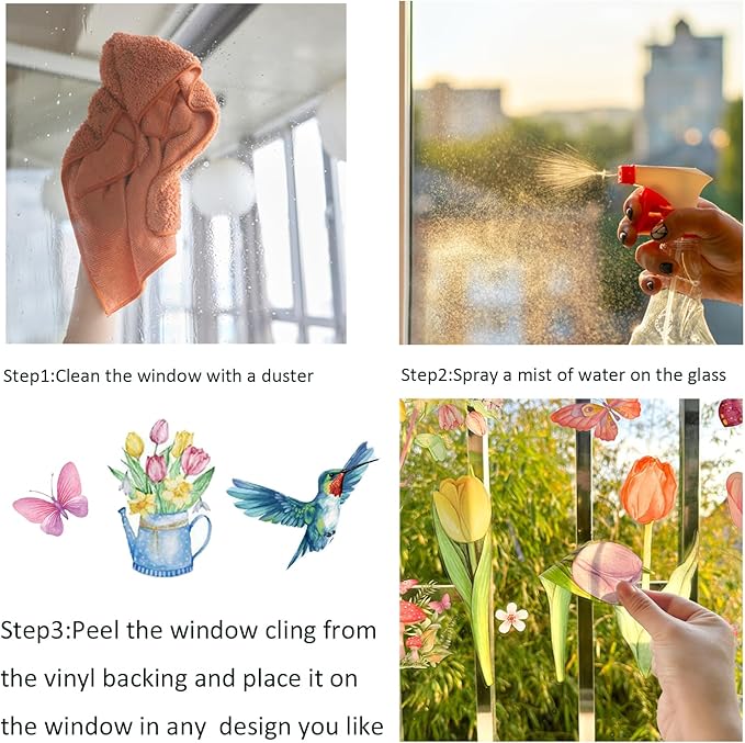 83 PCS Summer Window Clings Spring Flower Window Stickers Decorations for Glass Windows, Easter Tulip Butterfly Flower Window Decals