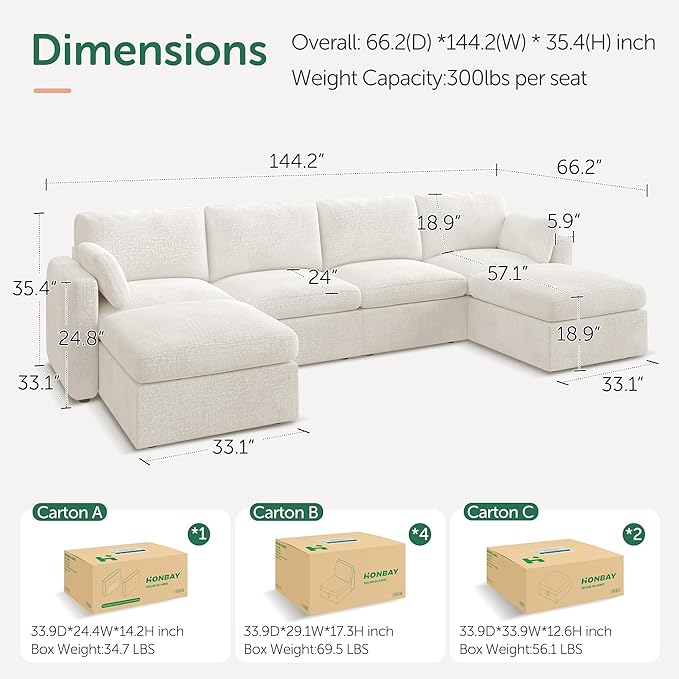 HONBAY Sectional Couch with Storage Seats, Modular Sectional Sofa with Storage Ottoman, U Shaped Sectional Couches for Living Room,Beige