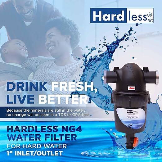 Hardless NG4 Whole House Water Filter - Salt-Free Softening Device - Reduces Limescale, Sediment & More - Compact, Easy to Install - Comes w/ 1" Inlet/Outlet- Filtration System for Extra Hard Water