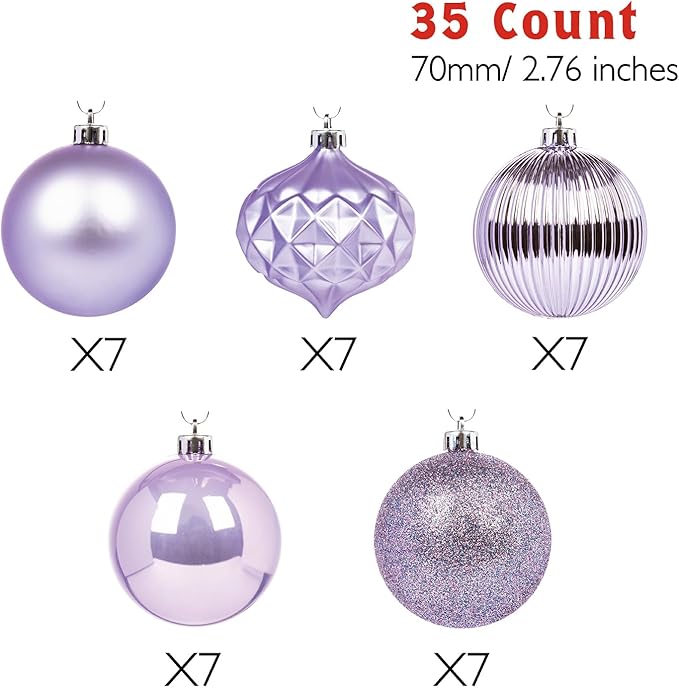 Every Day is Christmas Ornaments, Shatterproof Christmas Tree Ornament Set, Christmas Balls Decoration 35 Count (2.75"/70mm, Lilac Purple)
