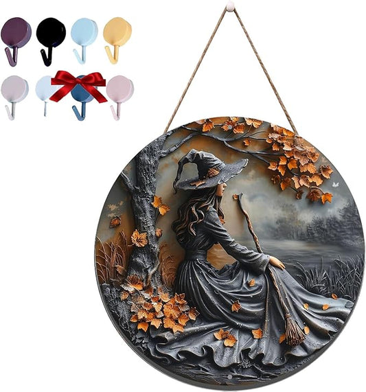 Fanyil/Olygee/Sherum/Shirem/Pubyfun/Glosrity/Libilin/Graddi/Solymody/Gowebs/Goredny/Vianys Witching Hour, Door Way Hanging Decor Halloween, 2D Wooden Round Witches Sign (B, 11.8")