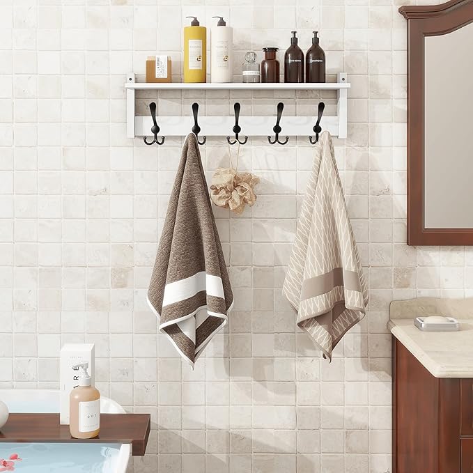 Homode Wall Shelf with Hooks, 24 Inch Coat Rack with Tri Hooks, Farmhouse Entryway Floating Coat Hanger with Storage for Bathroom, Entry Way, Mudroom, White