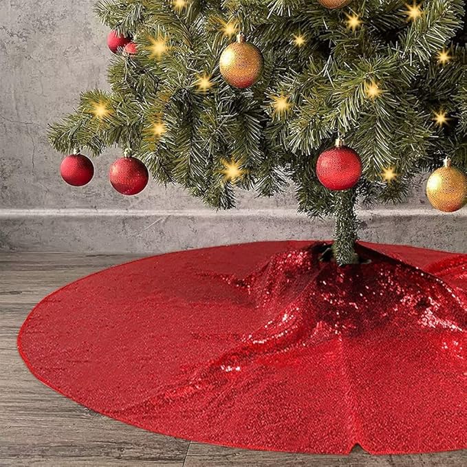 Eternal Beauty Christmas Tree Skirt, 70 Inch Red Sequin Tree Skirt Small Xmas Tree Skirt for Christmas Tree Decorations