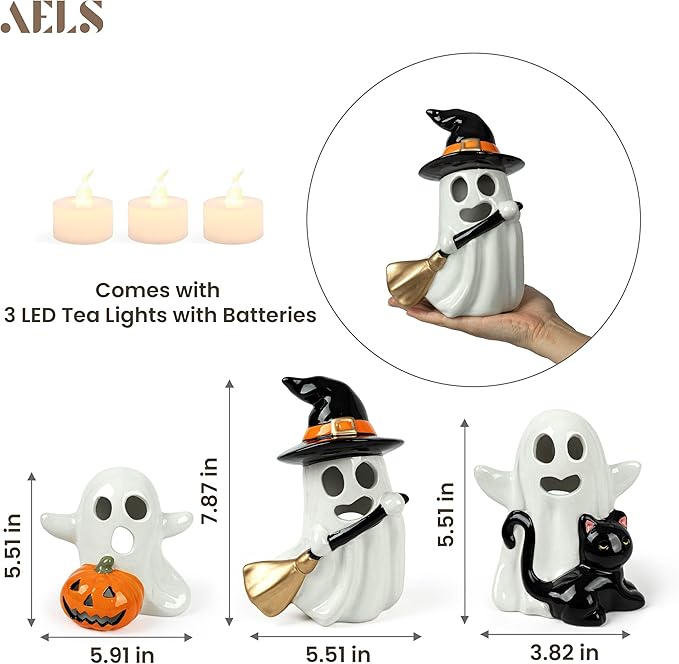 AELS Ceramic Happy Ghost with 3 Tea Lights, Spooky Candle Holder Set of 3, Tabletop Indoor Halloween Decorations for Holiday Party Home, Spooky Sculptures Ghost Figurines, Smoke White