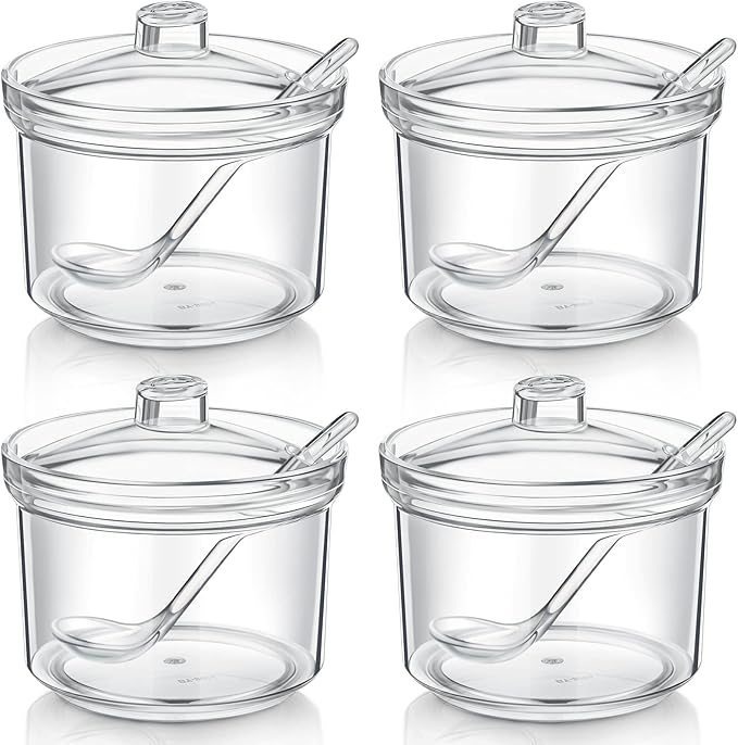 Patelai 4 Pieces Sugar Bowl Acrylic Clear Sugar Bowl with Lid and Salt Spoon Storage Jar with Airtight Lid for Salt, Tea, Spices, Herbs, Condiments(13 oz)