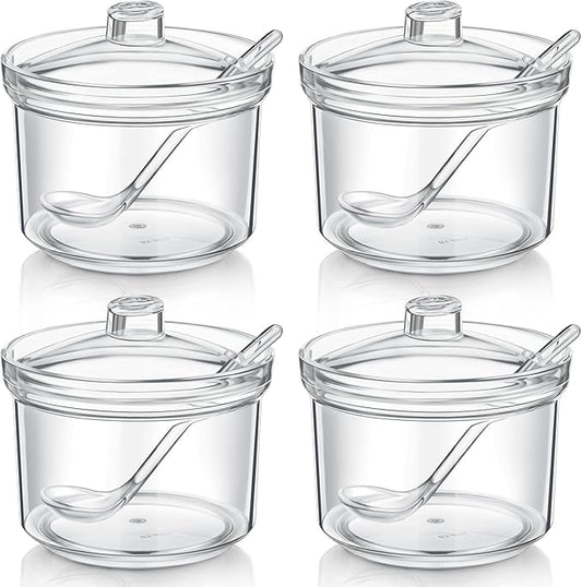 Patelai 4 Pieces Sugar Bowl Acrylic Clear Sugar Bowl with Lid and Salt Spoon Storage Jar with Airtight Lid for Salt, Tea, Spices, Herbs, Condiments(13 oz)