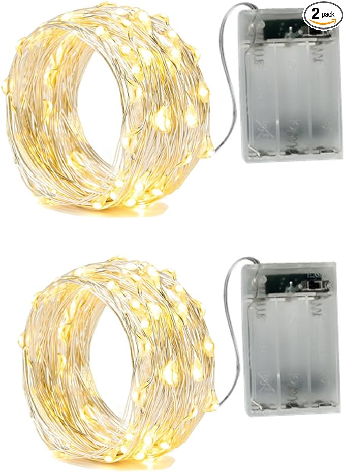 2 x 20LEDs Fairy Lights Battery Operated, Silver Wire 2 Mode Chains String Lights for Bedroom Christmas Party Decoration (Warm White, 6.6)
