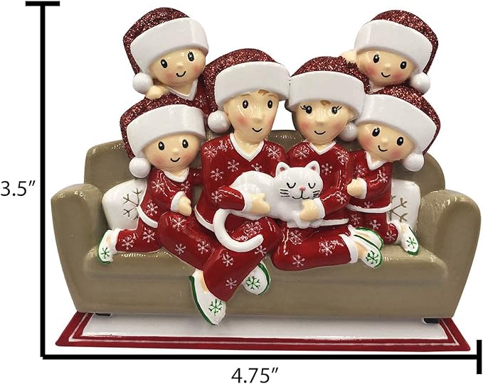 3D Matching Pajama Family of 6 with Cat Ornament 2025 Personalized Family Christmas Ornaments 2025 | Pet Lovers Personalized Tree Ornaments Customizable Gifts of Cat Lovers of Six with Pet Ornament