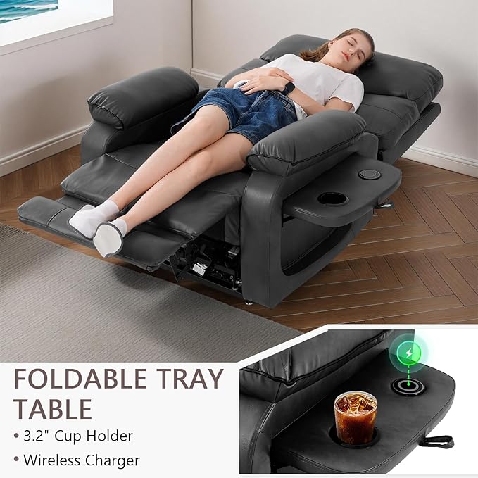 Dual Motor Power Lift Recliner Chair for Adult & Elderly, Infinite Position Lay Flat Lift Chair with Heat & Massage, Cup Holder, Lumbar Pillow, Wireless Charger, USB Ports, Leather (Silver Grey)