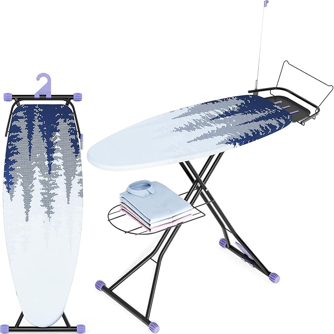 Full Size Ironing Board, 18x51 Iron Board with Metal Panel Stretchable Iron Rest, Adjustable Height Heavy Duty Heat & Scorch Resistant Cover Ironing Board, for Home, Laundry, Purple