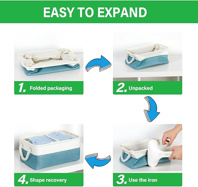 Bidtakay Small Storage Baskets for Shelves 3 Pack Fabric Storage Bins for Organizing Linen Collapsible Organizer for Closet-White&Teal