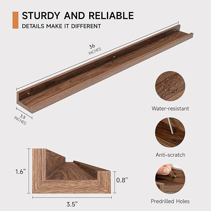 Picture Ledge Shelf for Wall, Floating Shelves Set of 4, 36 Inch Long Nursery Book Shelves for Toys Storage, Kids Bookshelf Wall Mounted for Books Photo Frames, Walnut