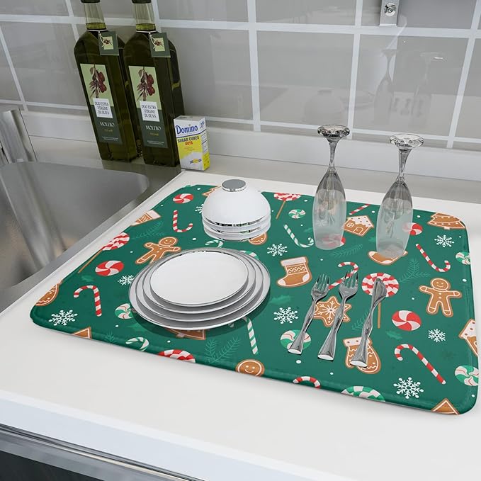 Gingerbread Dish Drying Mat for Kitchen Counter Holiday Green Super Absorbent Reversible Microfiber Kitchen Countertop Protector Dishes Pad Large 18x24 inch