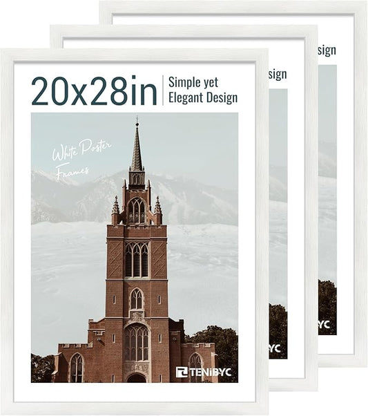 20x28 Picture Frame Set of 3 - White Woodgrain, Solid Wood Gallery Poster Frame - Wall Hanging