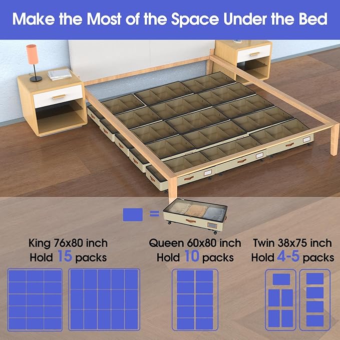 IUI Under Bed Storage with Wheels & Lid, 50L Large Capacity Underbed Storage Containers, Versatile Under The Bed Shoe Storage for Clothes, Books, Toys, 2 Pack, Ivory White