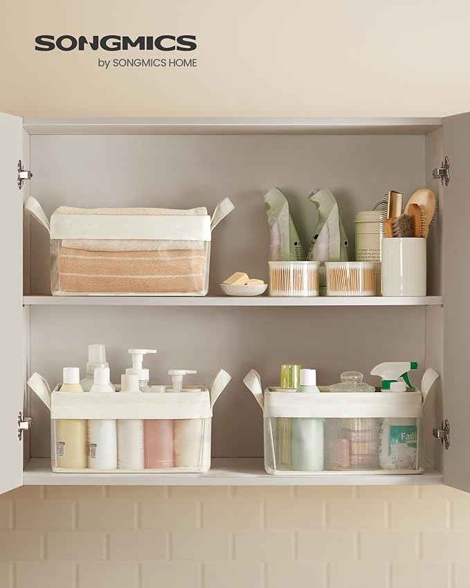 SONGMICS Storage Bins Set of 3, Small Fabric Storage Baskets, Foldable Organizer with Transparent Nylon Mesh, 11.8 x 7.9 x 5.9 Inches, Handles, for Bathroom, Kitchen, Cream White URFB915W01