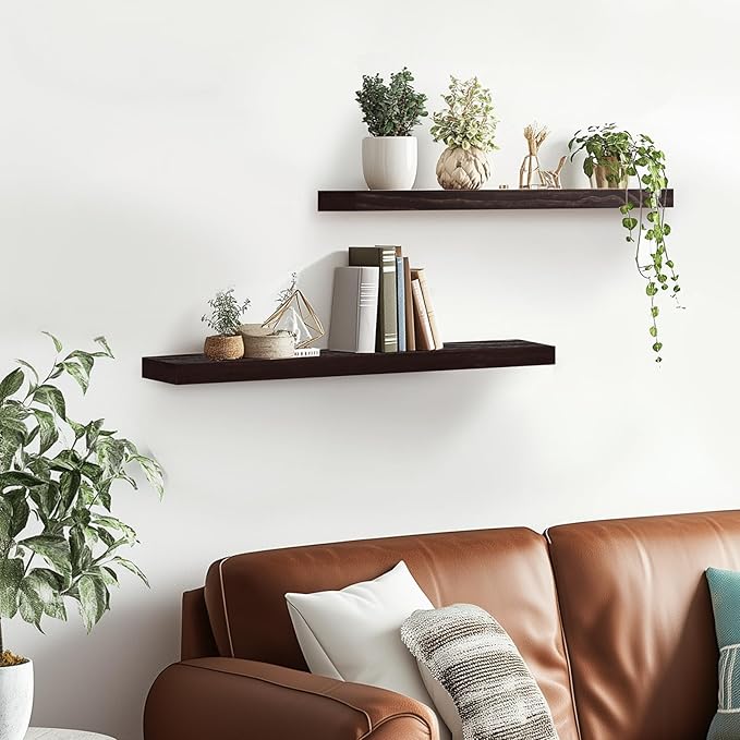 Floating Wall Shelves 2-Pack - 24-Inch Rustic Black Wooden Shelves for Storage and Décor, Easy Installation for Living Room, Bedroom, and Kitchen
