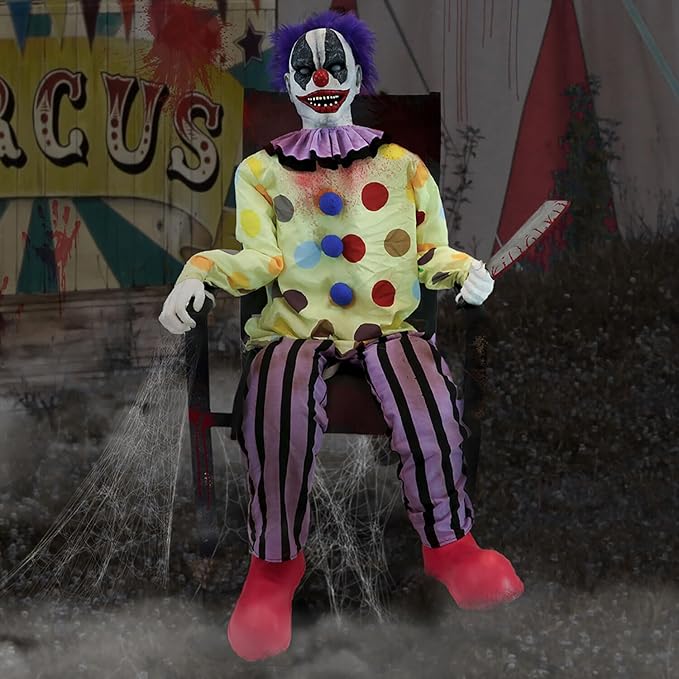 Haunted Hill Farm Motion-Activated Thrashing Clown with a Meat Cleaver by Tekky, Sitting Halloween Animatronic for Indoor or Covered Outdoor Creepy Halloween Decorations, Plug-in or Battery Operated