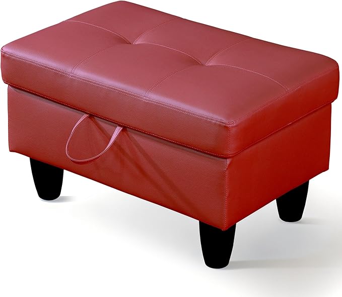 Ottoman Rectangular Storage Ottoman Bench, Faux Leather Footrest, Coffee Table, Stool Footstool with Hinged Lid for Living Room, Bedroom, Entryway, Red, 28.5"x19"x17.5"