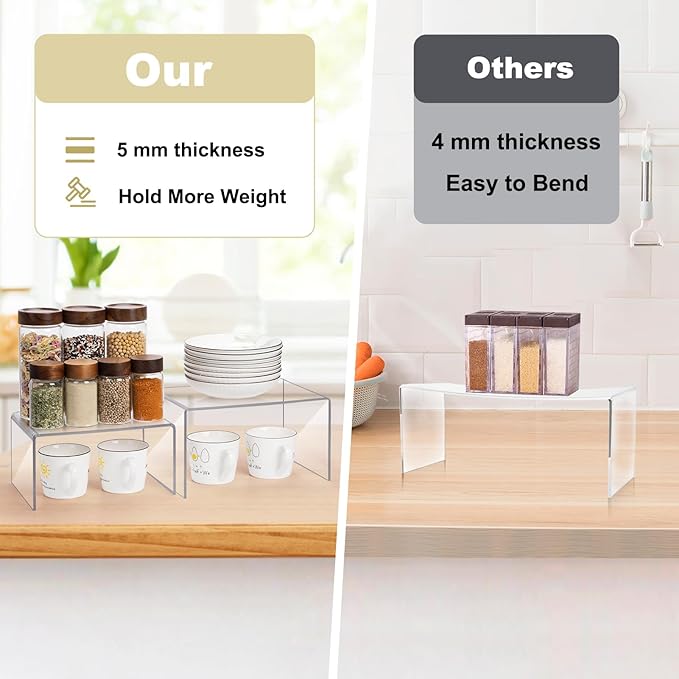 Acrylic Clear Kitchen Rack for Dishes, Spices Jars and Mugs, Kitchen Counter Cabinet Organizer, Clear Spice Rack Shelves, 5mm Thick, 2 Pack