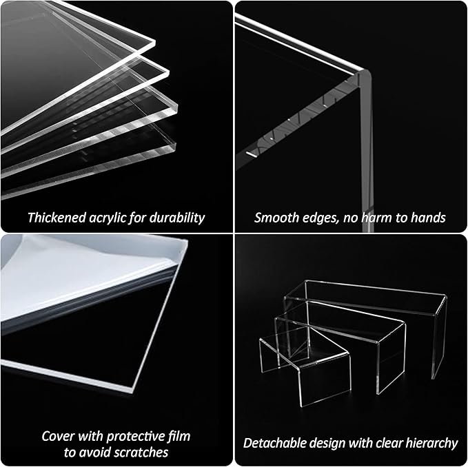 9x9.5x10 Inch Clear Display Risers Shelf 3pcs, Countertop Rectangular Acrylic Display Stands for Funko Pop Figure, Bags, Collectibles