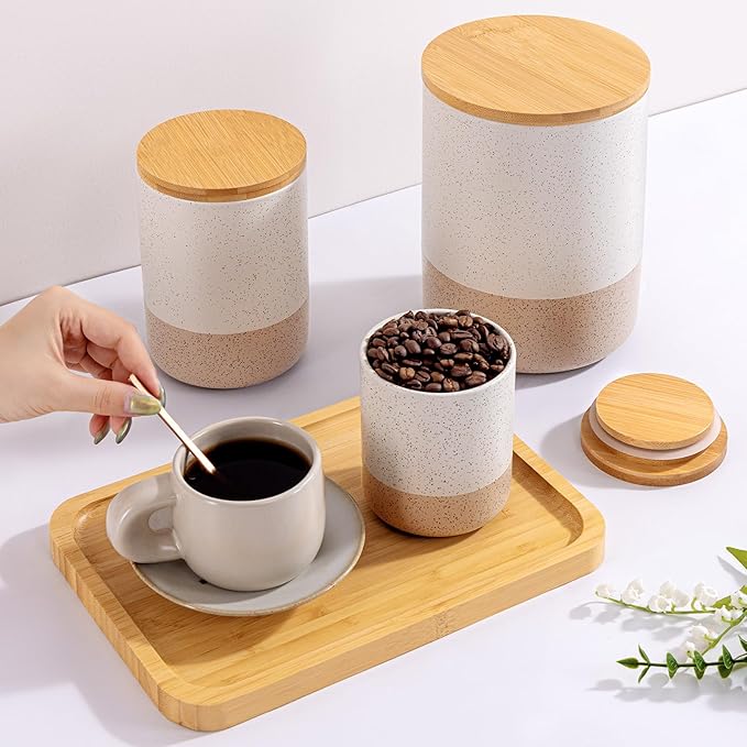 Yangbaga Canister Sets for Kitchen Counter, 80/40/20 OZ Large Ceramic Food Storage Jars with Airtight Wood Lids, Large Kitchen Canisters for Coffee, Sugar, Tea, Flour, Spice