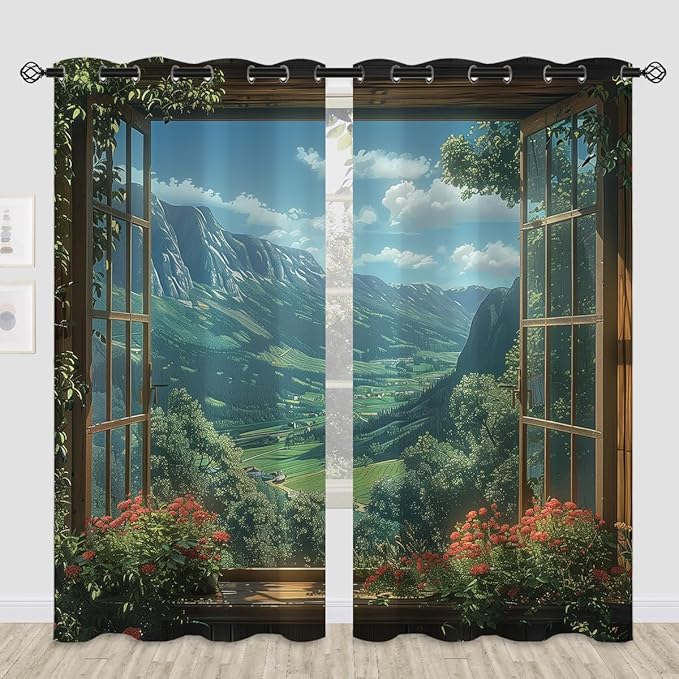 Mountain Blackout Curtains for Girls Boys Teens Home Decor, Spring Sky View Nature Forest Flower Grommet Thermal Insulated Drapes Darkening Window Curtain for Bedroom Living Room, 84 x 84 Inch