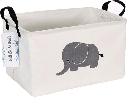 LANGYASHAN Rectangular Storage Bin Collapse Canvas Fabric Cartoon Storage Basket with Handles for Organizing Home Kitchen Boys and Girls Toys Office Closet Shelf Baskets (REC Elephant)