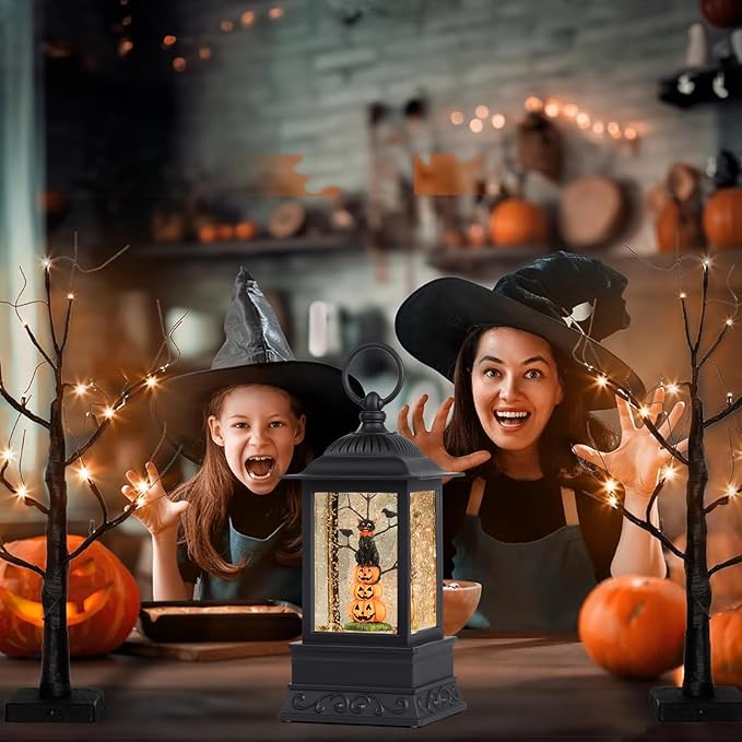 10'' Halloween Snow Globe, Lighted Musical Glitter Globe, Battery Operated or USB Powered Glitter Lantern for Spooky Halloween Festival Party Home Table Decorations (Pumpkin and Black Cat Combo)