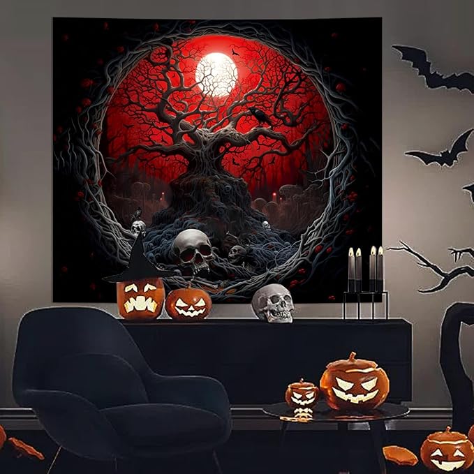 Atrippy Halloween Black Red Anime Tapestry, Gothic Dark Forest Moon Wall Hanging, Nature Skull Withered Tree Landscape Tapestries for Bedroom Living Room Men Dorm 51x 60 Inches