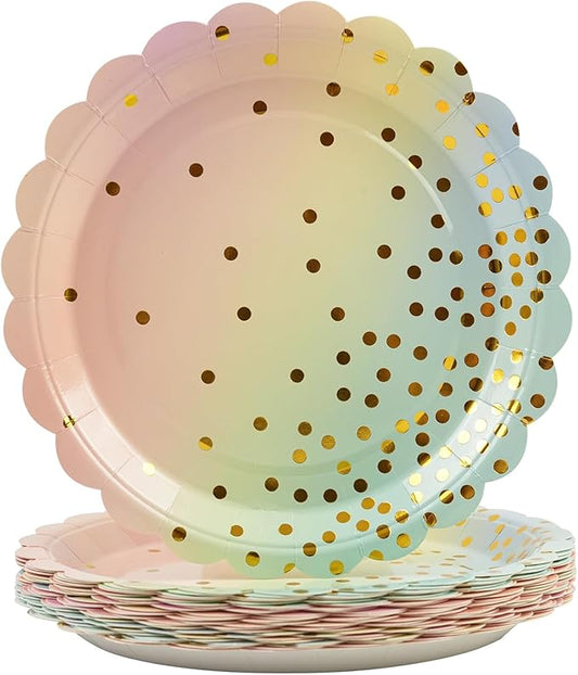 50PCS Pastel Rainbow Paper Plates, 7 Inch Scalloped Colorful and Gold Dot Party Plates Disposable Dessert Plate Cake Plate Pastel Party Supplies Decorations for Birthday Aniversary