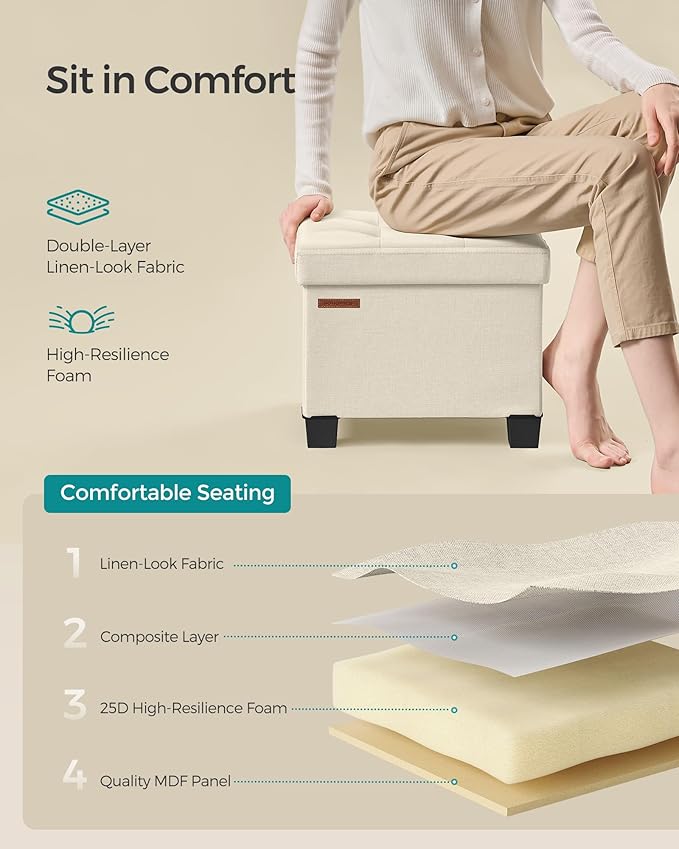 SONGMICS Storage Ottoman, Small Ottoman Foot Rest with Legs, 12.6 x 15.8 x 13.2 Inches Foot Stool, Load up to 660 lb, for Living Room, Bedroom, Dorm, Cream White ULSF012W01