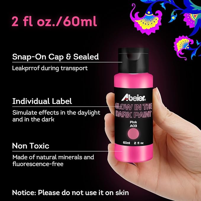 ABEIER Glow in the Dark Acrylic Paint - 10 Bright Colors (60ml/2oz) Long Lasting Glow Fluorescent Paint for DIY Projects, Halloween, Easter, Christmas Decorations