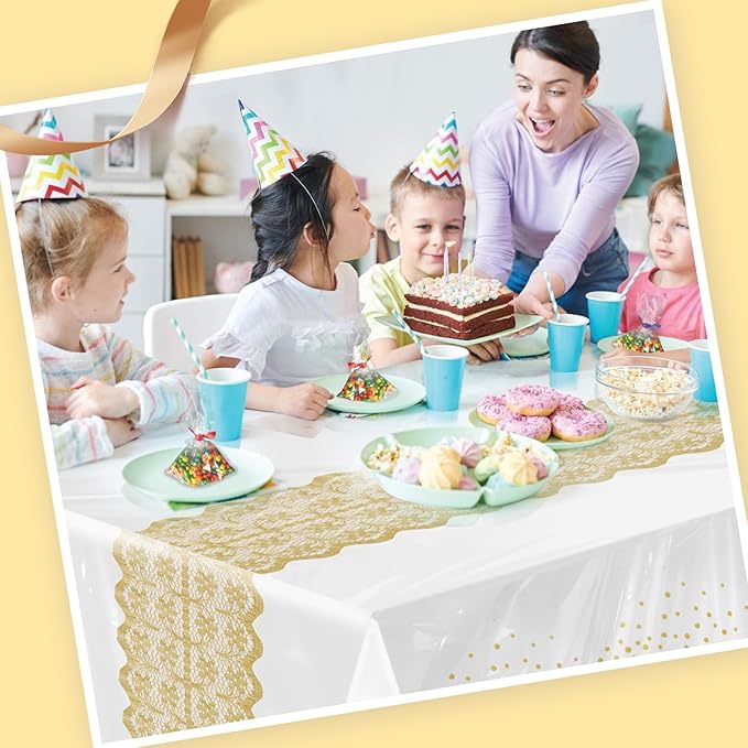 Goodluck 54 Inch X 300 Feet Plastic Table Cloths with Cutter Box, Gold Disposable Table Cover Roll, Plastic Tablecloth for Party, Wedding, Birthday, Anniversary, Thanksgiving, Christmas White Gold Dot