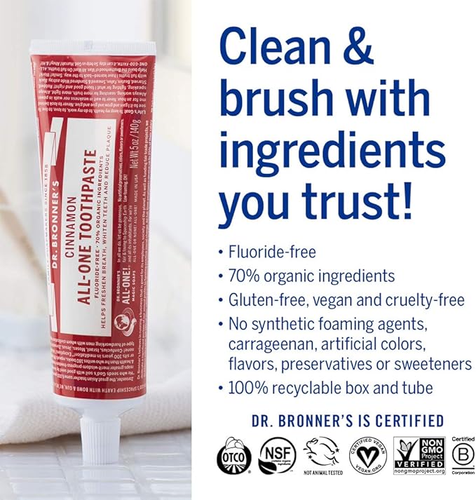Dr. Bronner’s All-One Toothpaste– Cinnamon, 5 oz, 3-Pack– Fluoride-Free Toothpaste for Adults, SLS-Free, 70% Organic & Natural Ingredients, Vegan, Helps Freshen Breath, Reduce Plaque, Whiten Teeth
