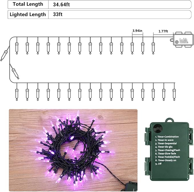BrizLabs Purple Halloween Lights, 33ft 100 LED Halloween String Lights, 8 Modes Battery String Light with Timer, Indoor Outdoor Battery Purple Tree Light for Party Christmas Tree Bedroom Patio Decor