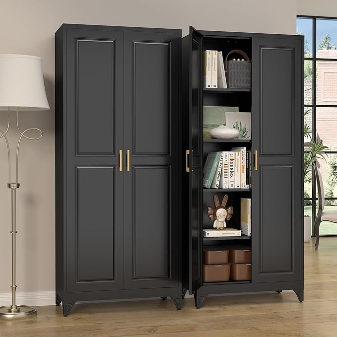 Kitchen Pantry Cabinet,75”Black Metal Storage Cabinets with Doors and 4 Adjustable Shelves,Kitchen Cabinet with 2 Gold Handles,Tall Cabinet for Livingroom, Bathroom