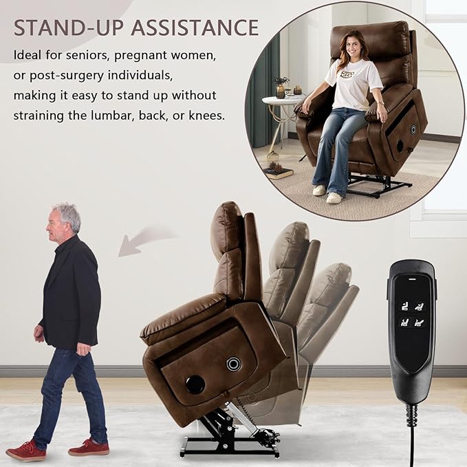 Dual Motor Power Lift Recliner Chair for Adult & Elderly, Infinite Position Lay Flat Lift Chair with Heat & Massage, Cup Holder, Lumbar Pillow, Wireless Charger, USB Ports, Leather (Ochre)