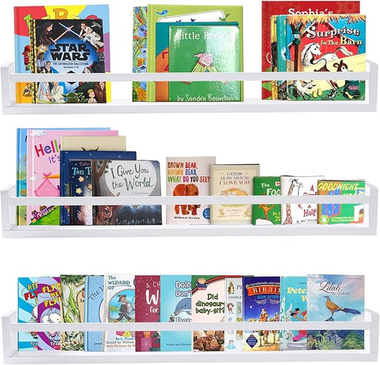 AZSKY Classic Nursery Book Shelves White Wall Book Shelves Kids Bookshelf for Bedroom Bathroom Décor Wall Ledge Shelves 36 in Hanging Shelves a Set of 3