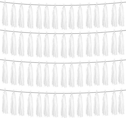 4P White Foil Fringe Metallic Tassel Streamers Banner Tassel Garland for Parade Floats, Graduation, Wedding, Birthday, Halloween, Christmas, Bridal/Baby Shower Party Decorations