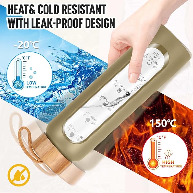 Aqulea Glass Water Bottles with Silicone Sleeve - BPA Free Reusable Wide Mouth Glass Motivational Water Bottles with Fruit Infuser – Leak Proof Borosilicate Water Bottle with Time Marker