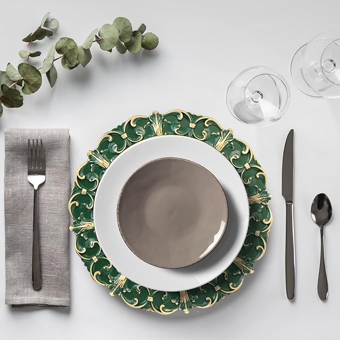 Green Charger Plates Set of 6, Decorative Table Plastic Chargers for Dinner Plates, Party, Wedding, Thanksgiving, Christmas, FD1GR