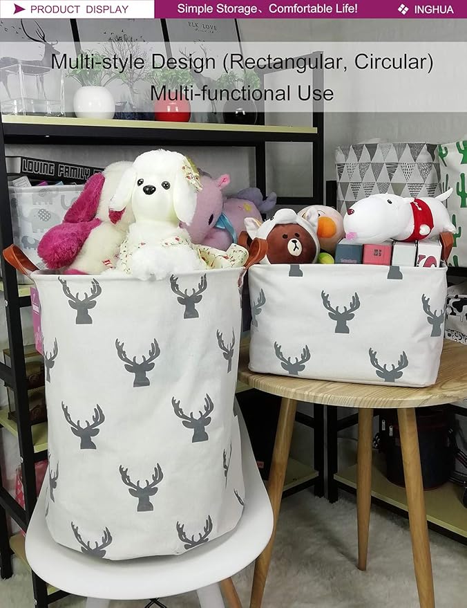 Rectangular Storage Basket Fabric Organizer Bin for Toys,Books,Clothes,Gifts,Pets-Perfect for Home,Office,Nursery,Dorm,Shelf(Rec grey deer)