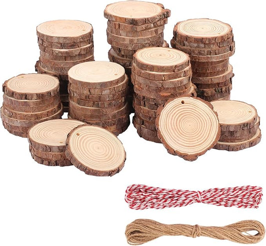 80 PCS 3.2-3.6inch Unfinished Wood Slices, Natural Wood Slices, Predrilled with Hole Wood Slice for DIY Arts Craft Christmas Ornaments