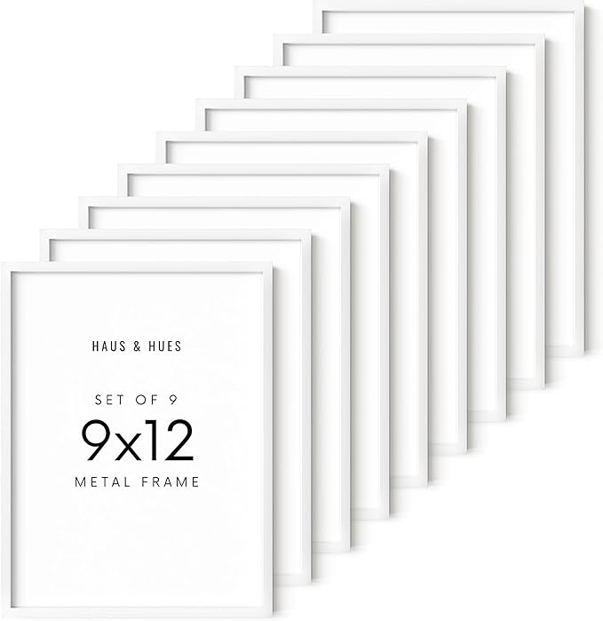 HAUS AND HUES 9x12 White Metal Picture Frames - Features Premium Aluminum, Vertical & Horizontal Hang, Shatterproof Plexiglass - Ideal for Home, Room, Office (9x12 in, White, Set of 9)