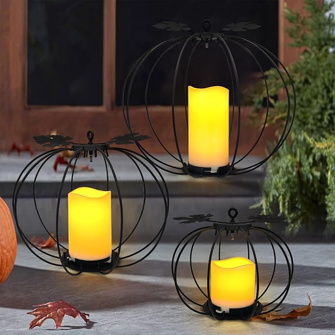 Halloween Light Up Pumpkin Lantern, 3 Pcs Metal Black Pumpkin Candle Holders with Timer Flickering Yellow LED Candle Lights for Thanksgiving Halloween Harvest Fall Home Decor